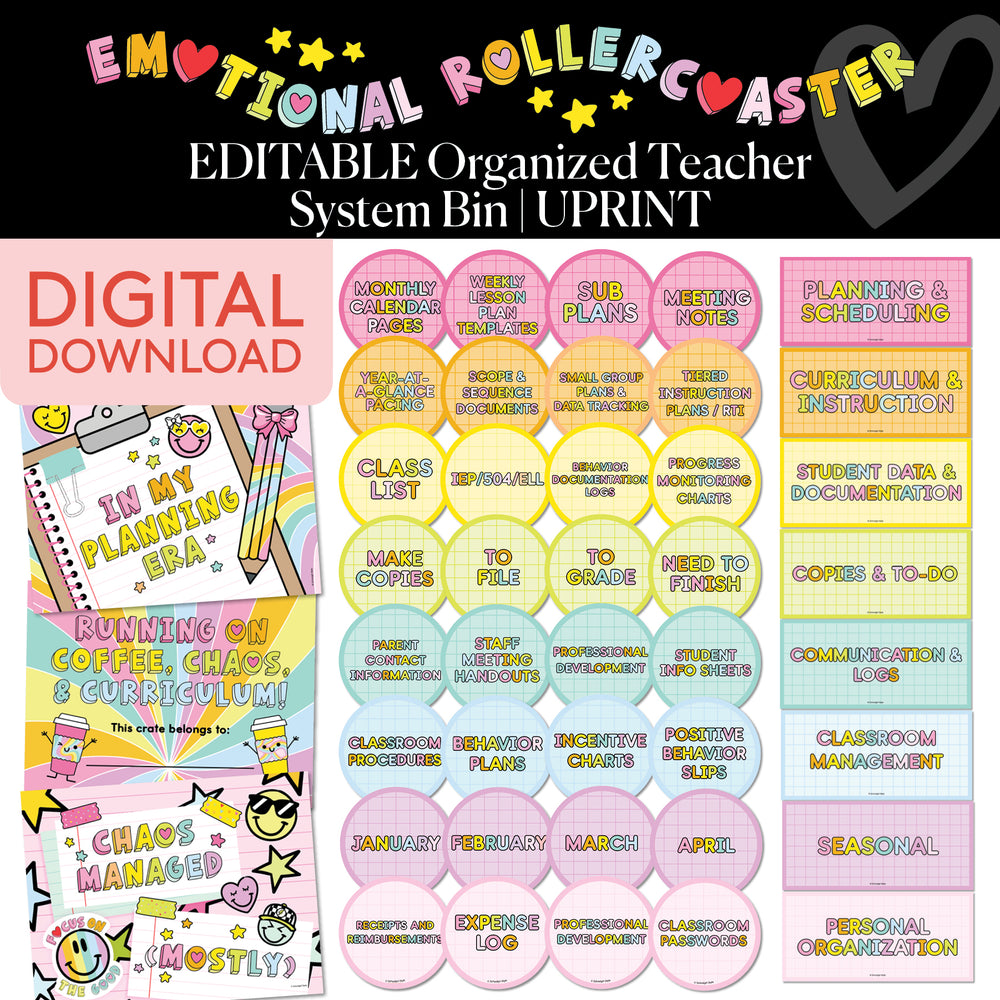 Printable Bright Editable Organized Teacher System Bin | Emotional Rollercoaster