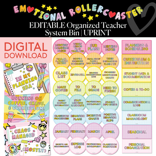 Printable Bright Editable Organized Teacher System Bin | Emotional Rollercoaster