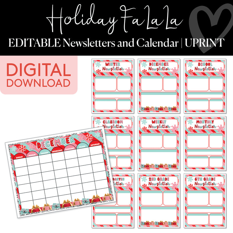 Classroom Newsletters and Calendar Sheet | Holiday Fa La La | Christmas | Printable Classroom Decor | Schoolgirl Style