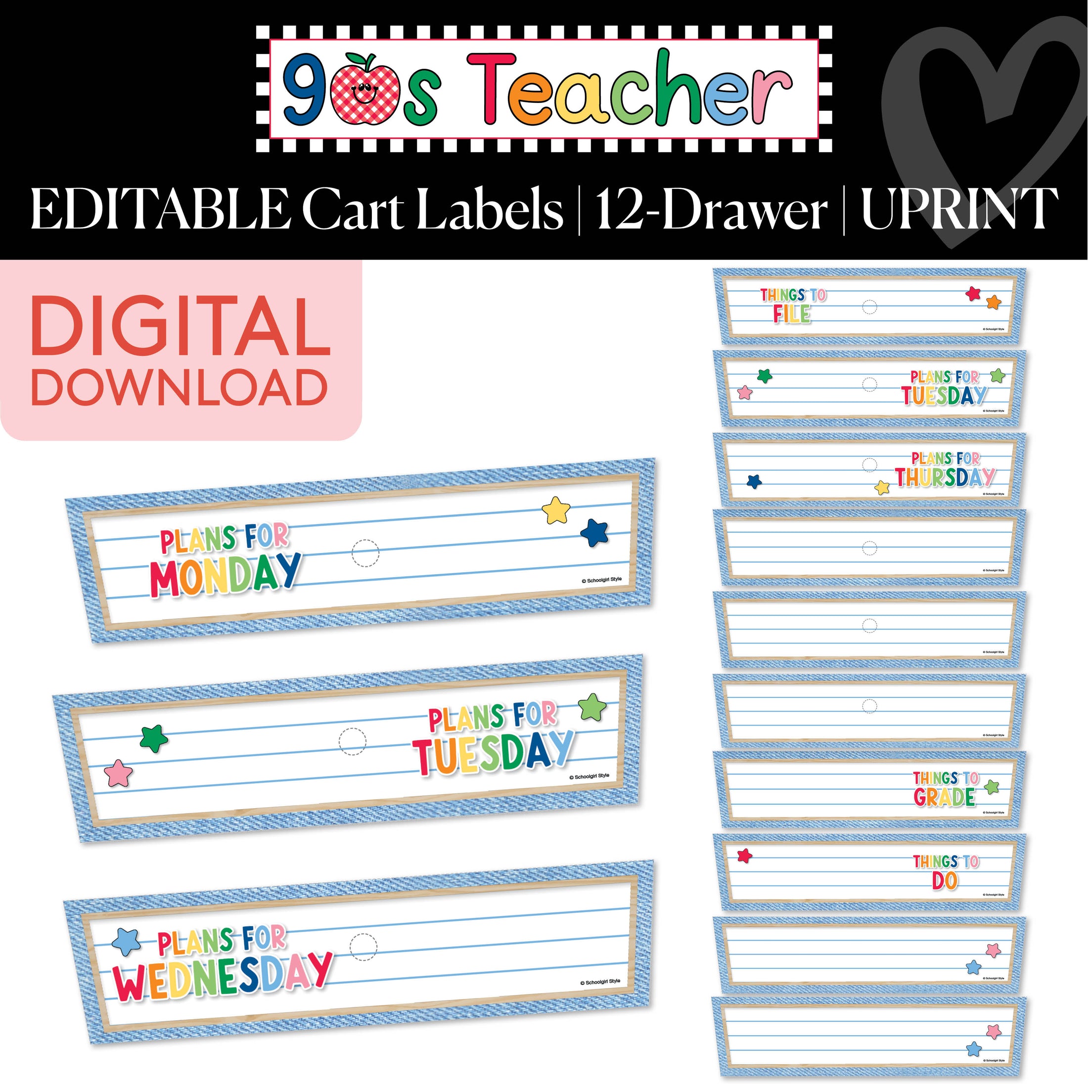 Printable Retro Editable 12-Drawer Cart Labels | 90s Teacher