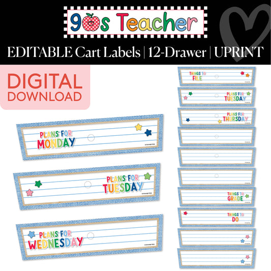 Printable Retro Editable 12-Drawer Cart Labels | 90s Teacher