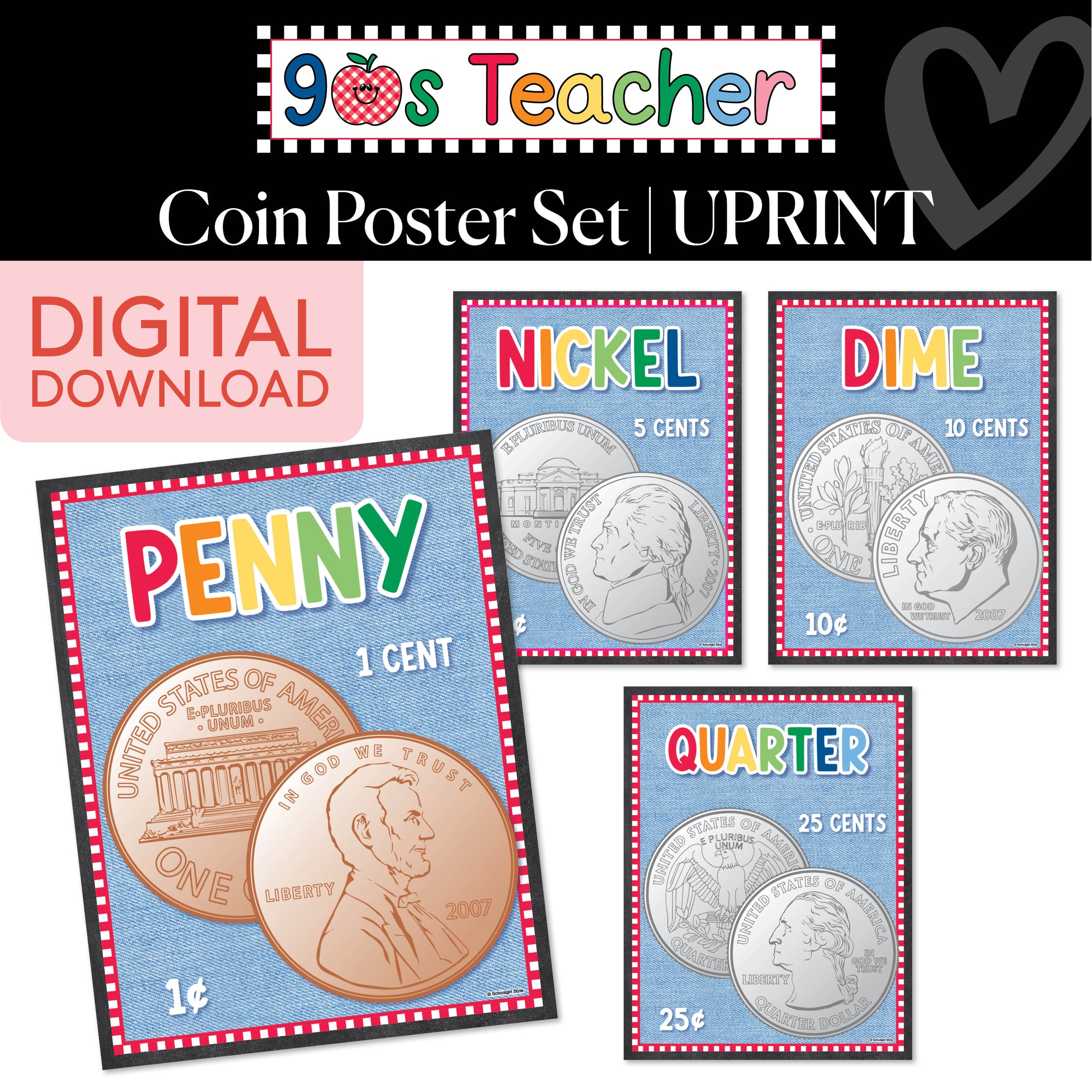 Printable Retro Coin Poster Set | 90s Teacher