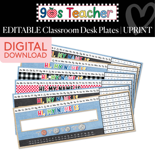 Printable Retro Editable Classroom Desk Plates | 90s Teacher