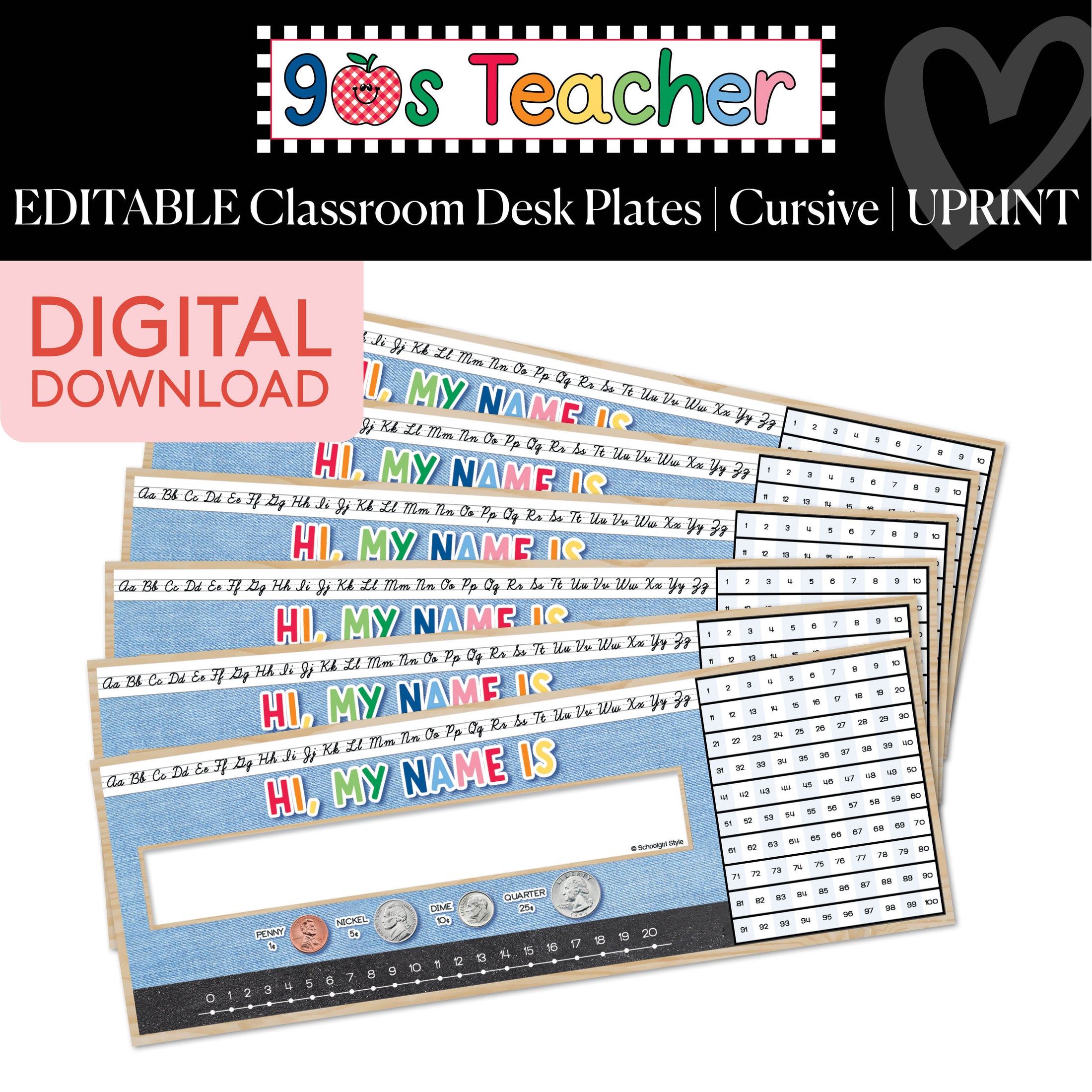 Printable Retro Editable Cursive Classroom Desk Plates | 90s Teacher