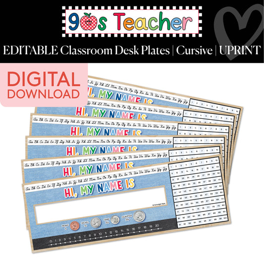 Printable Retro Editable Cursive Classroom Desk Plates | 90s Teacher