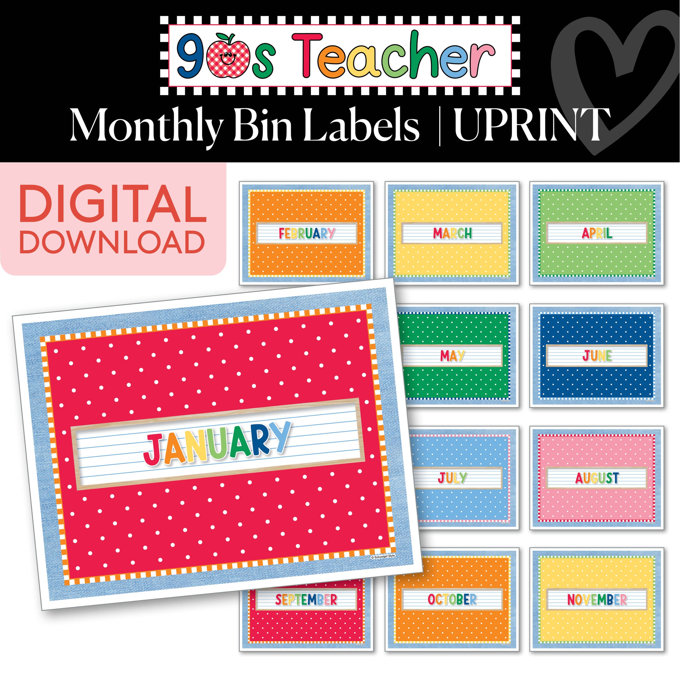 Printable Retro Monthly Bin Labels | 90s Teacher