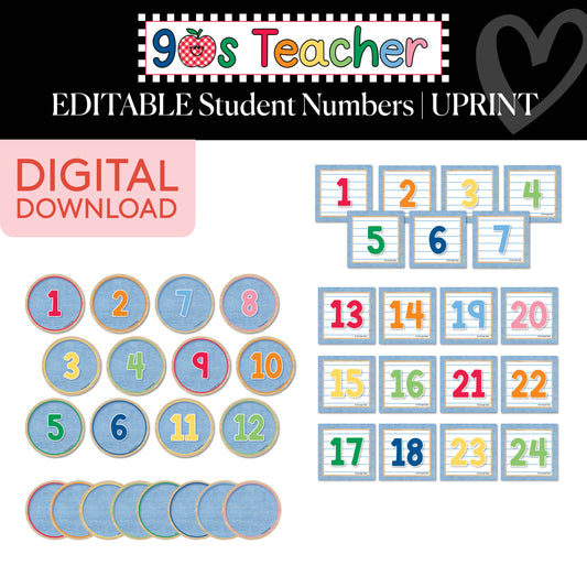 Printable Retro Editable Student Numbers | 90s Teacher