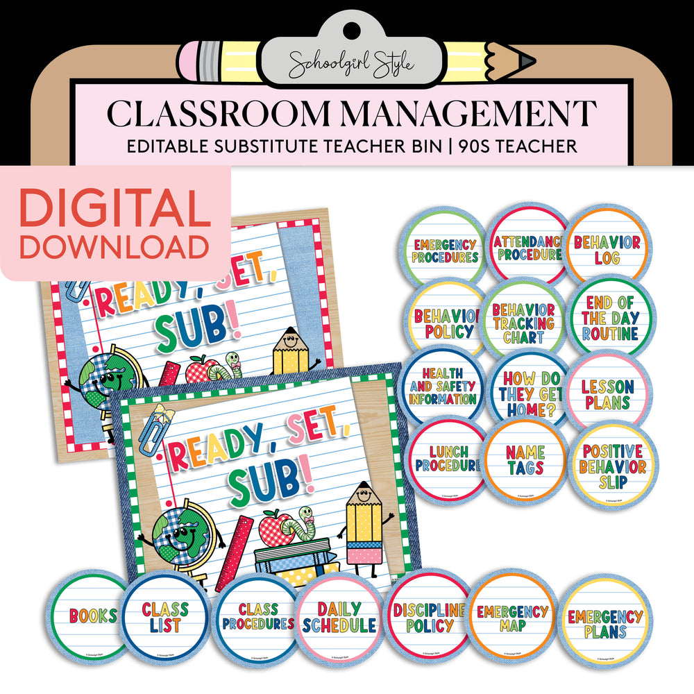 Printable Editable Substitute Teacher Bin and Forms | 90s Teacher