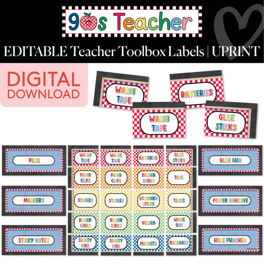 Printable Retro Editable Teacher Toolbox Labels | 90s Teacher