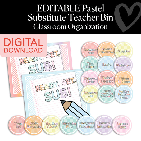 Printable Pastel Editable Substitute Teacher Bin and Forms