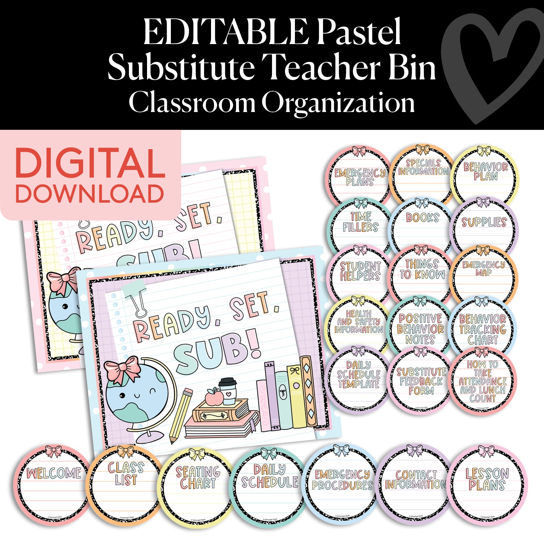 Printable Pastel Editable Substitute Teacher Bin and Forms