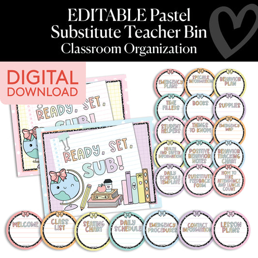 Printable Pastel Editable Substitute Teacher Bin and Forms