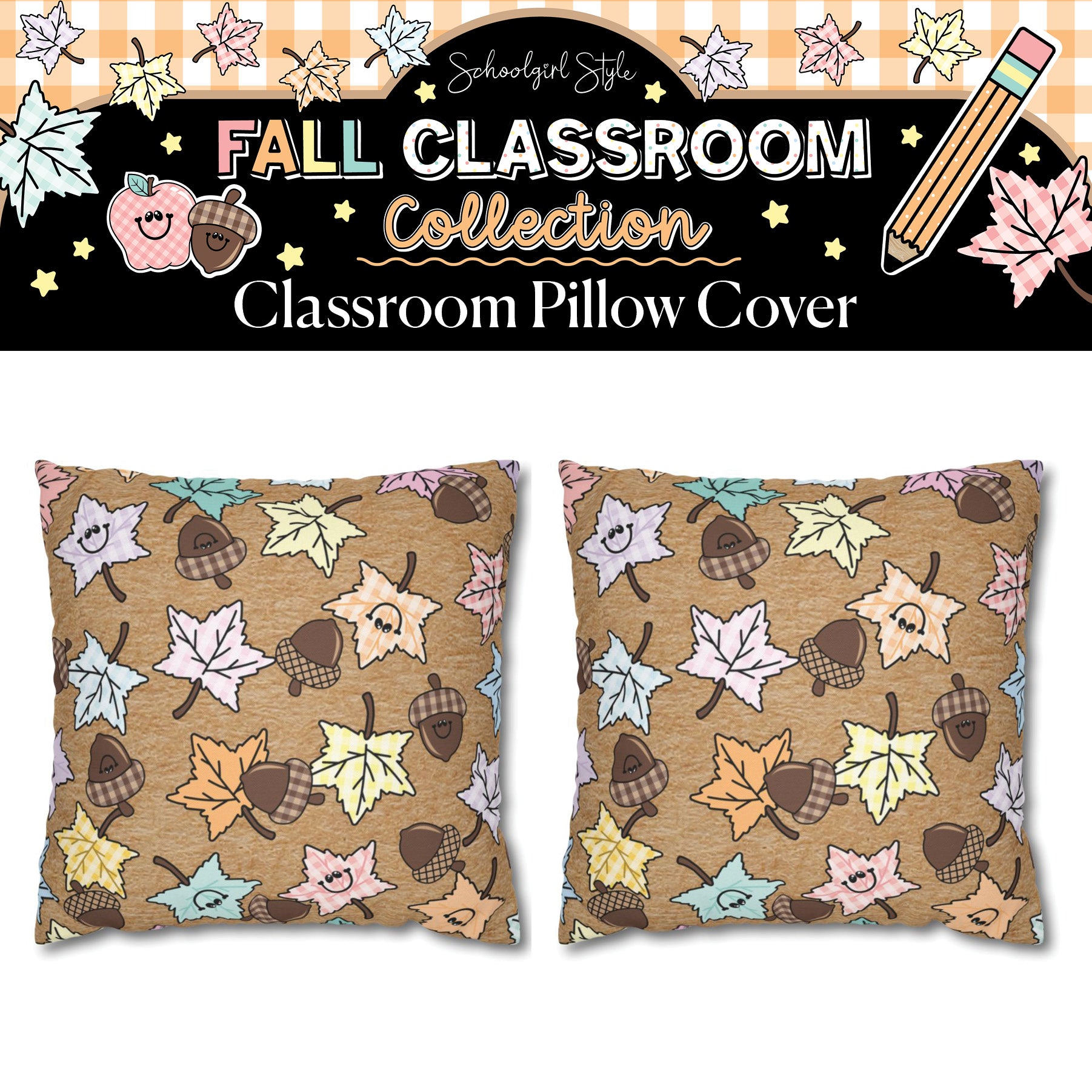Pastel Leaves & Acorns Kraft Paper Classroom Pillow Cover | A Year In Pastel