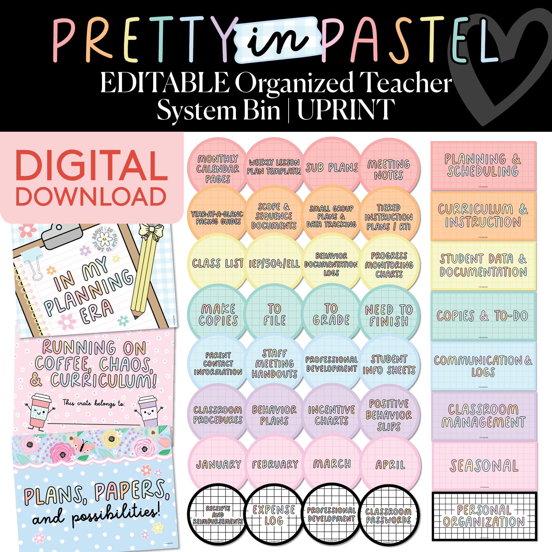 Printable Pastel Editable Organized Teacher System Bin | Pretty in Pastel