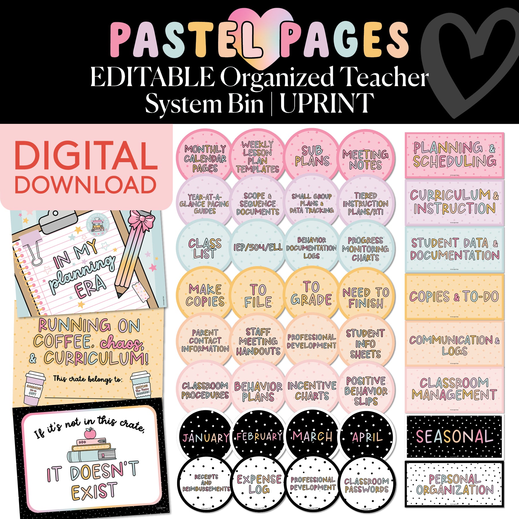 Printable Boho Pastel Editable Organized Teacher System Bin | Pastel Pages