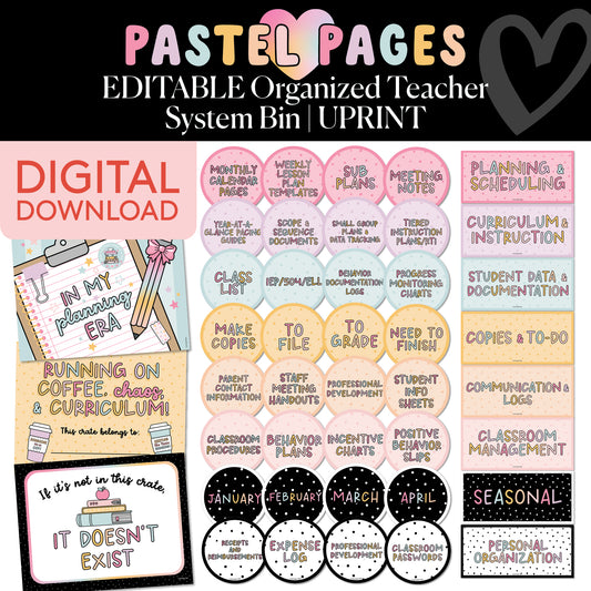 Printable Boho Pastel Editable Organized Teacher System Bin | Pastel Pages