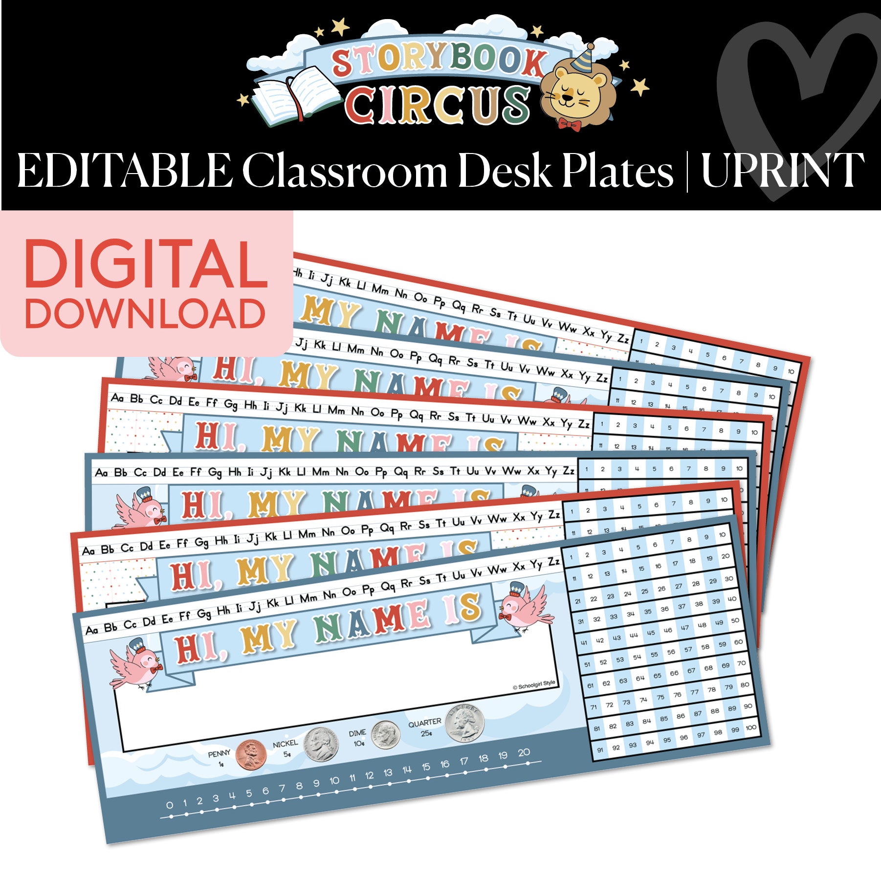 Printable Vintage Editable Classroom Desk Plates | Storybook Circus