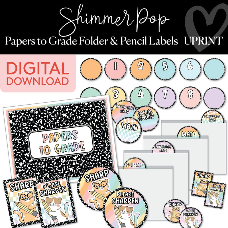 Papers to Grade and Pencil Labels | Shimmer Pop | Printable Classroom Decor | Schoolgirl Style