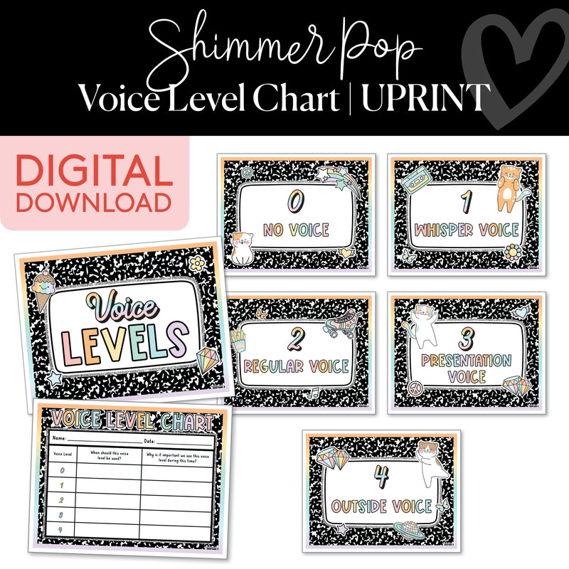 Classroom Voice Level Charts | Shimmer Pop | Printable Classroom Decor | Schoolgirl Style