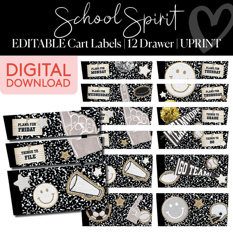 School Spirit Editable Cart Labels 12 Drawer UPRINT 