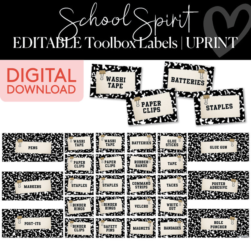 School Spirit Editable Toolbox Labels UPRINT 