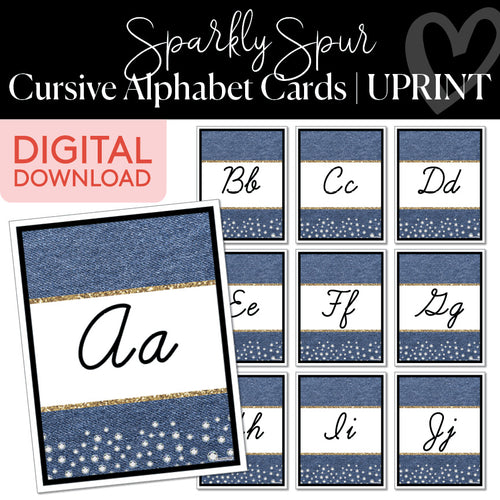 Sparkly Spur Cursive Alphabet Cards UPRINT 