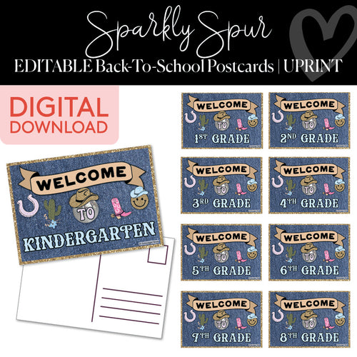 Sparkly Spur Editable Back to School Postcards UPRINT 