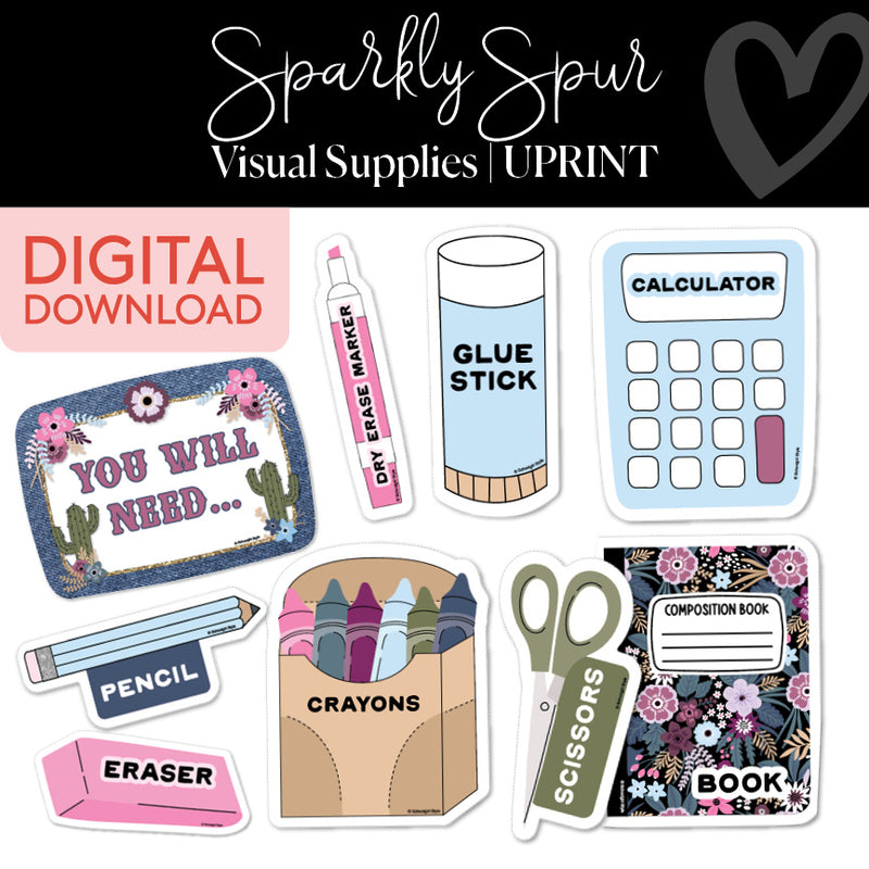Visual Supplies Classroom Labels | Sparkly Spur | Printable Classroom Decor | Schoolgirl Style
