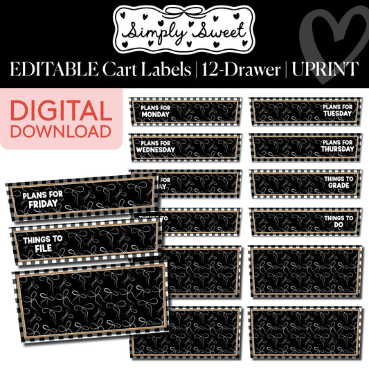 Printable Classic Black and White Editable 12 Drawer Cart Labels | Simply Sweet