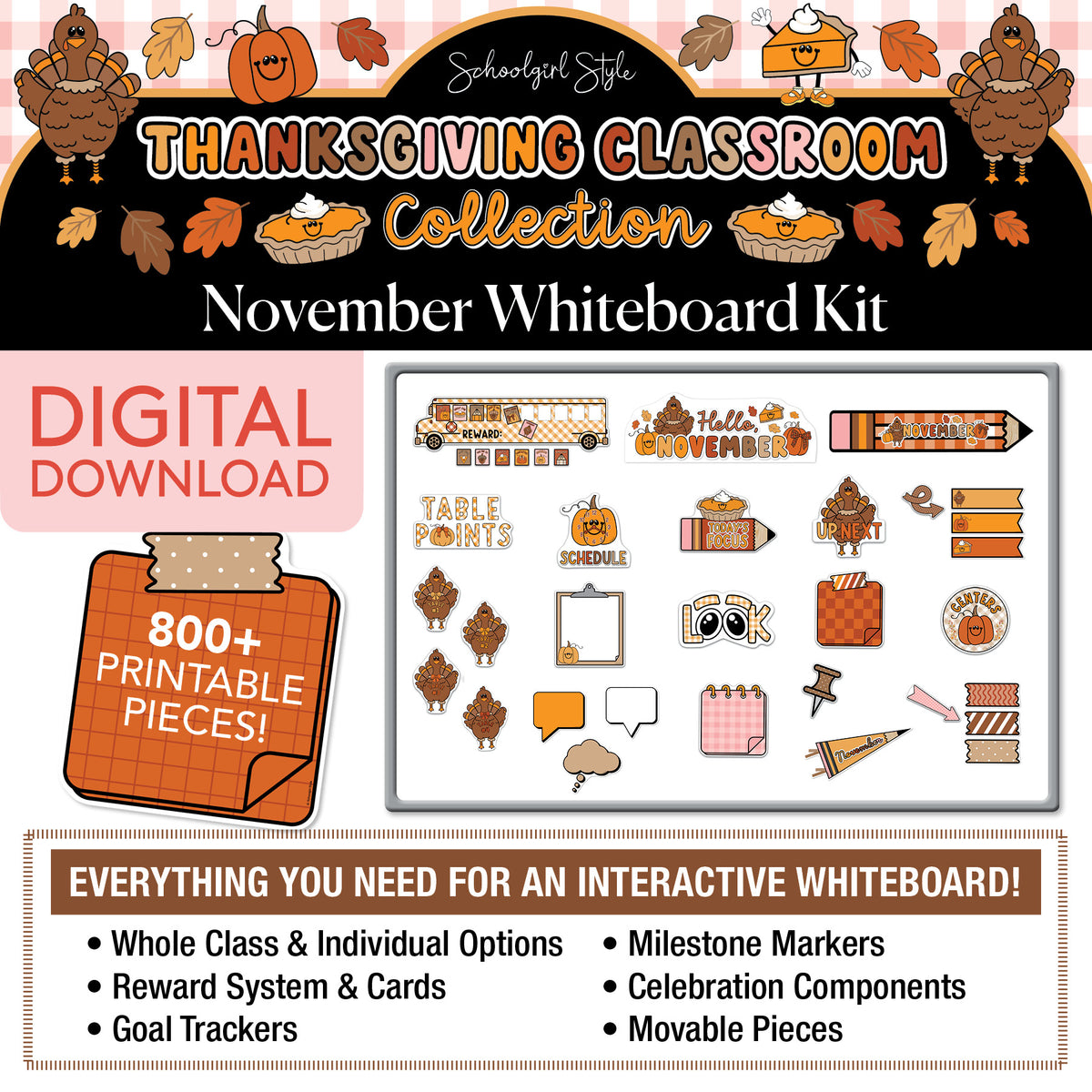 Printable Thanksgiving November Whiteboard Management System | 90s Teacher