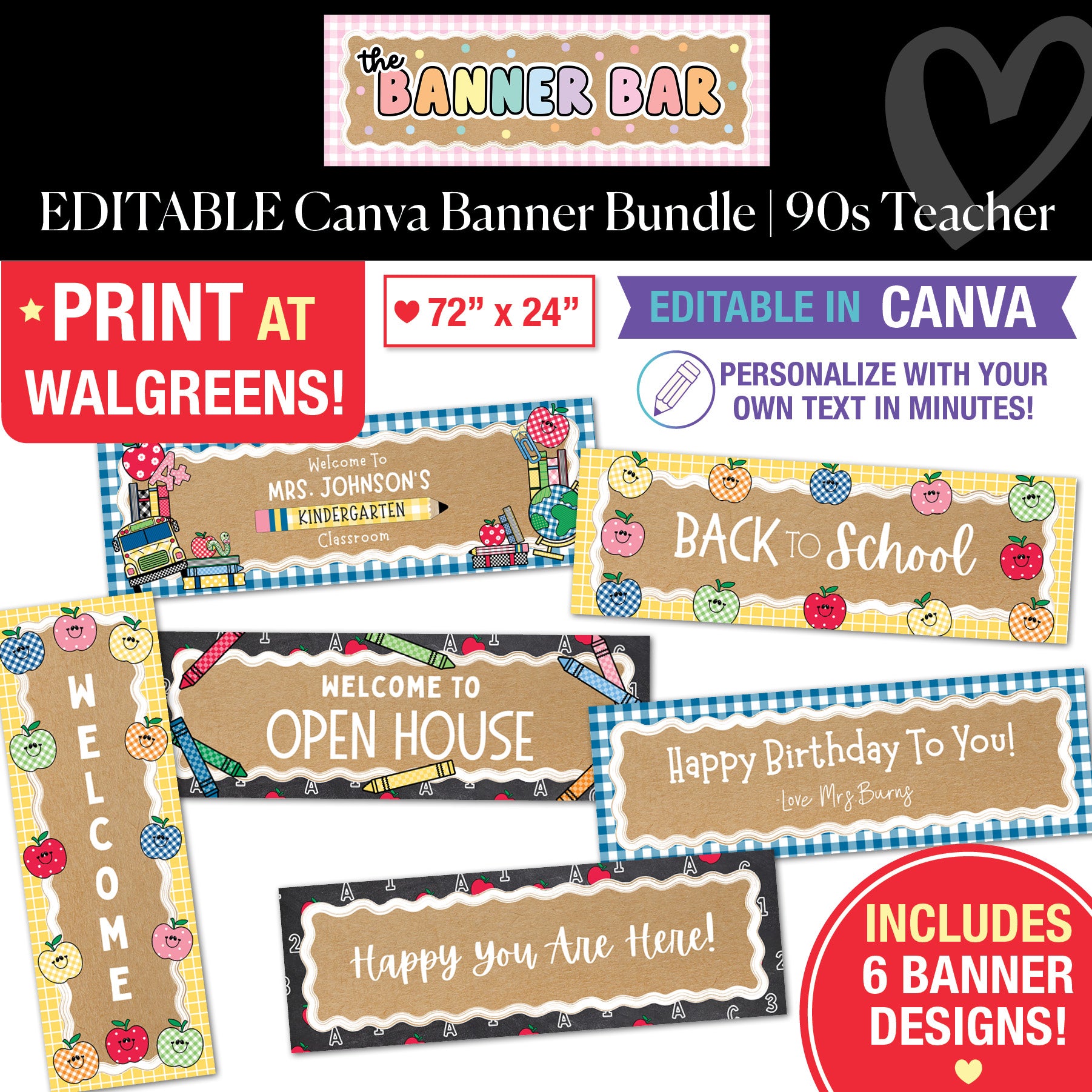 Editable Canva Walgreens Compatible Kraft Style Banner Bundle | 90s Teacher