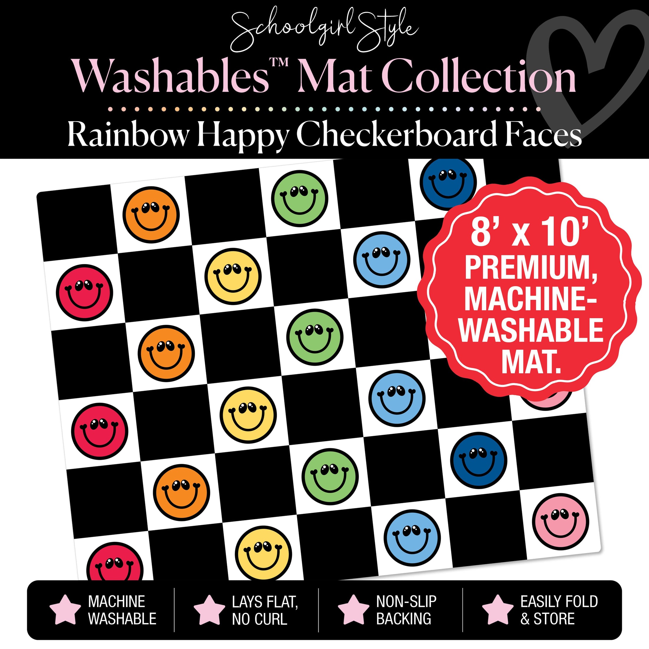Rainbow Happy Faces on Black and White Checkerboard Classroom Mat by Schoolgirl Style