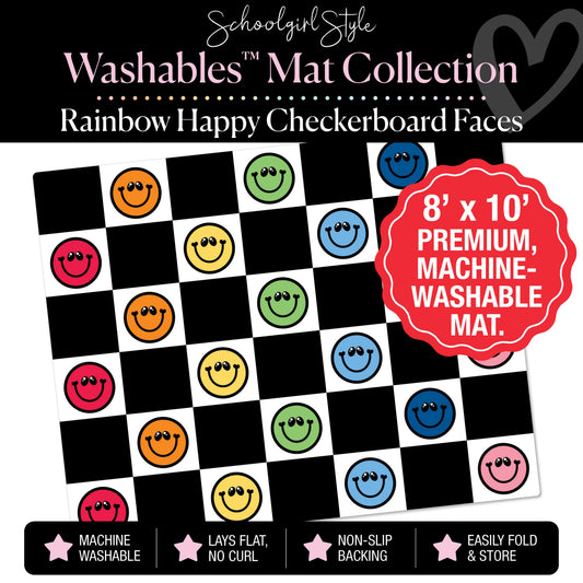 Rainbow Happy Faces on Black and White Checkerboard Classroom Mat by Schoolgirl Style