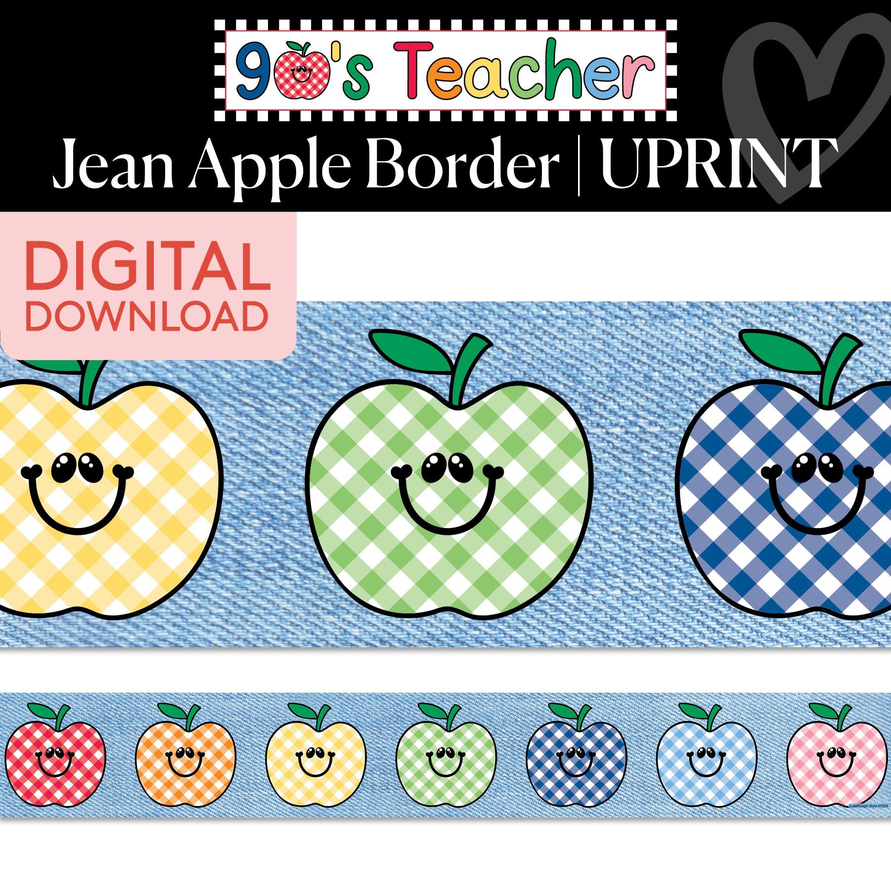 Printable Retro Jean Apple Border | 90s Teacher