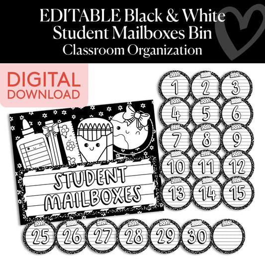 Printable Black and White Editable Student Mailboxes Bin