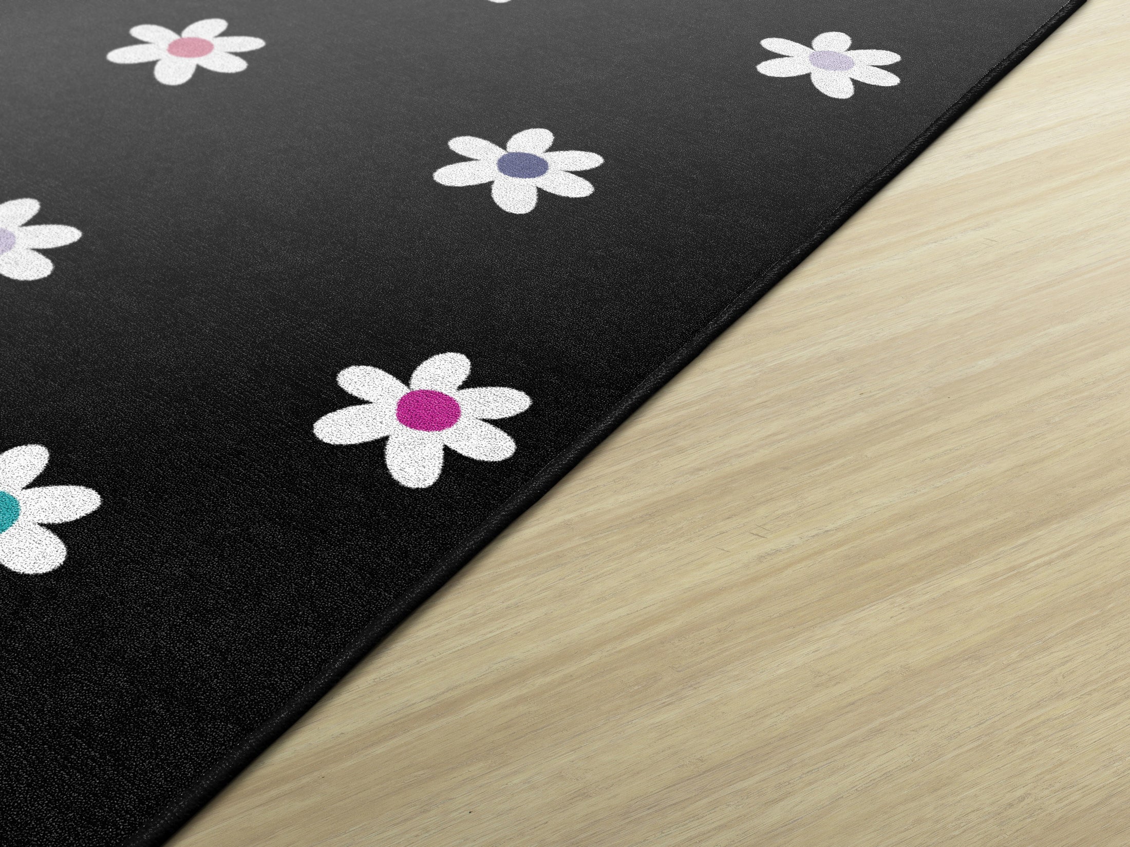 Small Daisies on Black Rug | Black and White Classroom Rug | Pocketful of Daisies | Schoolgirl Style