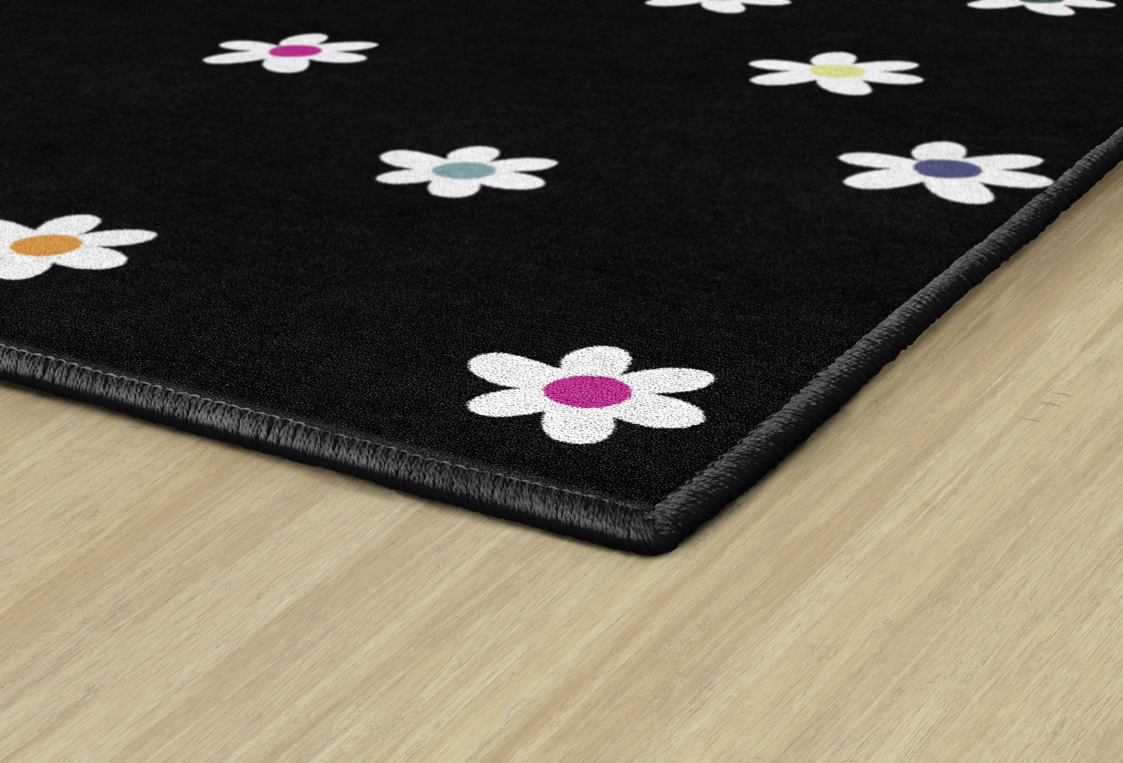 Small Daisies on Black Rug | Black and White Classroom Rug | Pocketful of Daisies | Schoolgirl Style