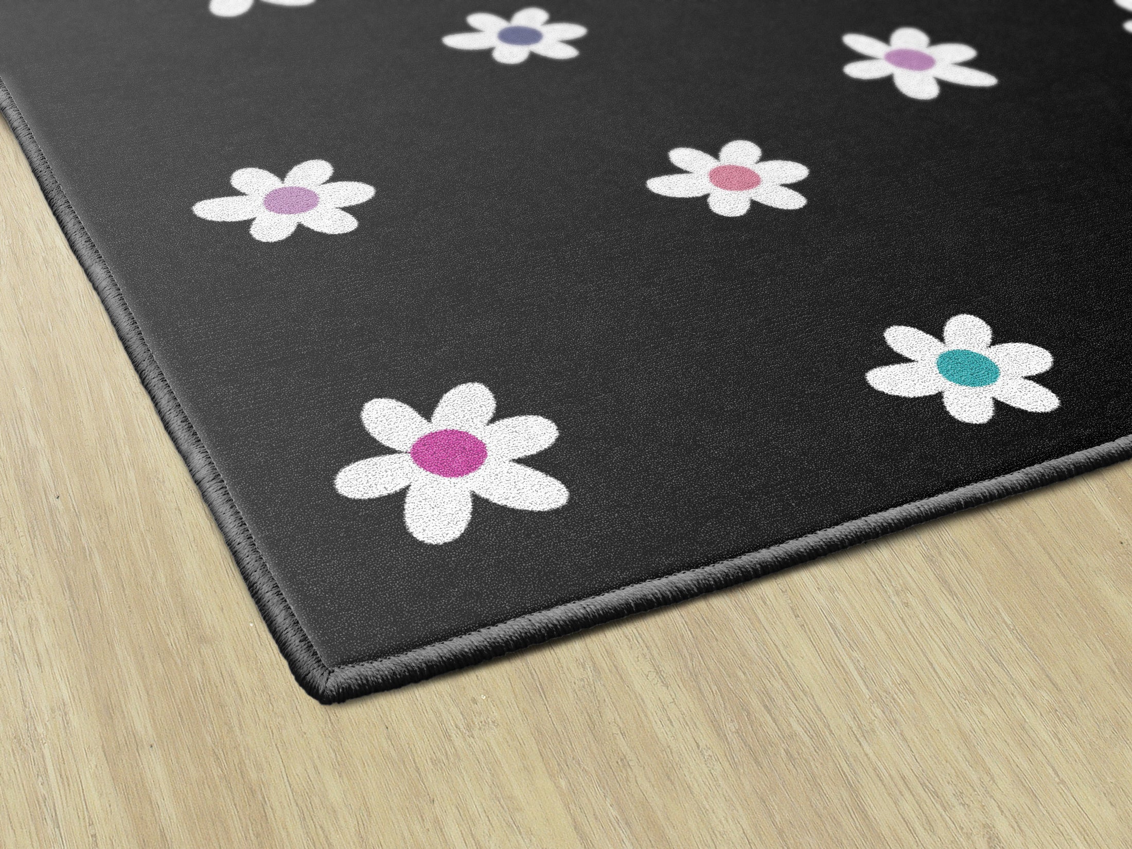 Small Daisies on Black Rug | Black and White Classroom Rug | Pocketful of Daisies | Schoolgirl Style