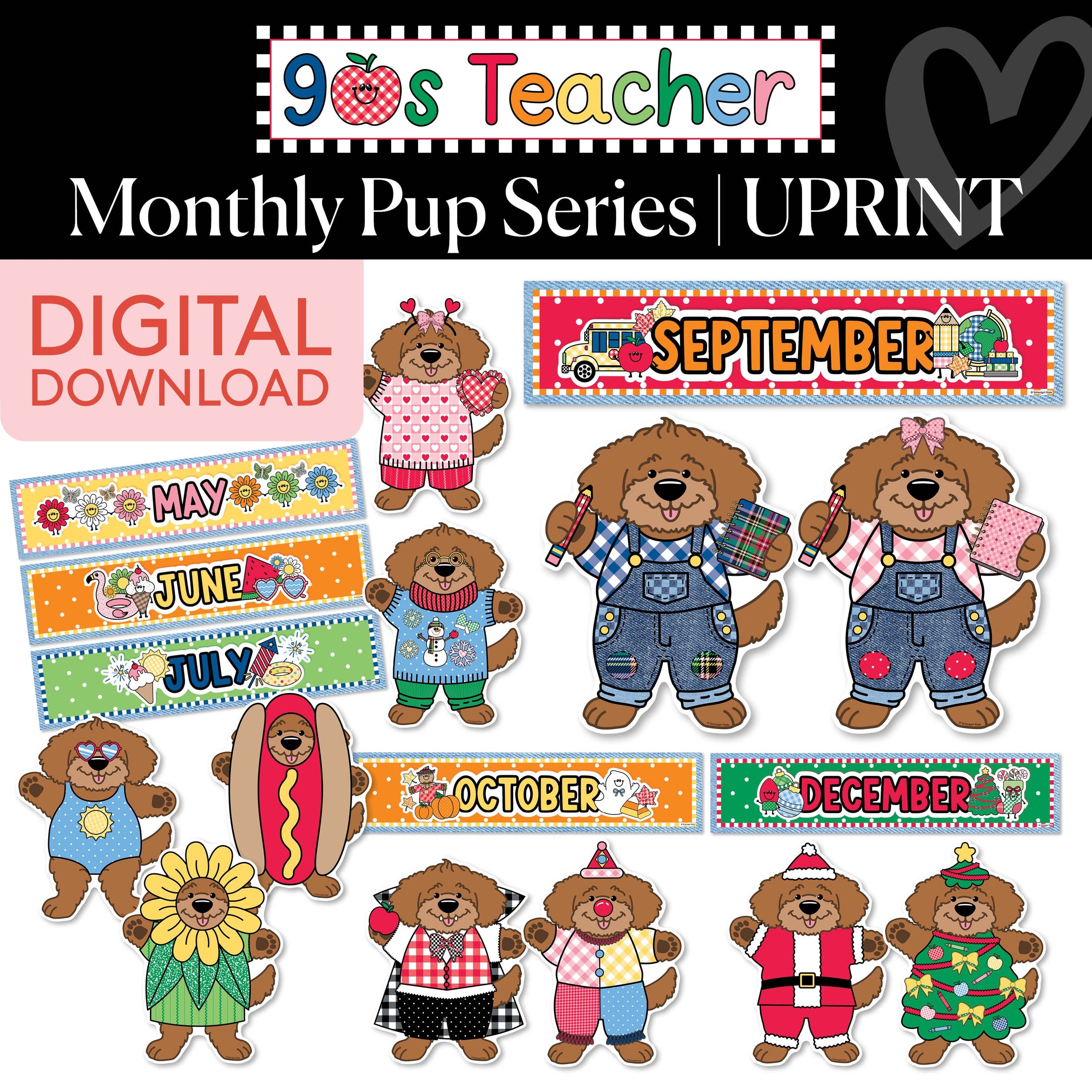 Printable Retro Monthly Pup Series | 90s Teacher