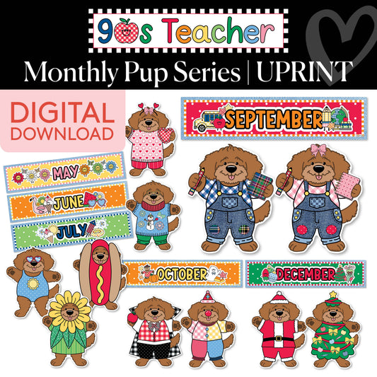 Printable Retro Monthly Pup Series | 90s Teacher