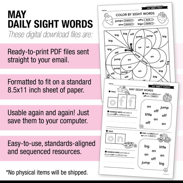 Printable Kindergarten May Daily Sight Words