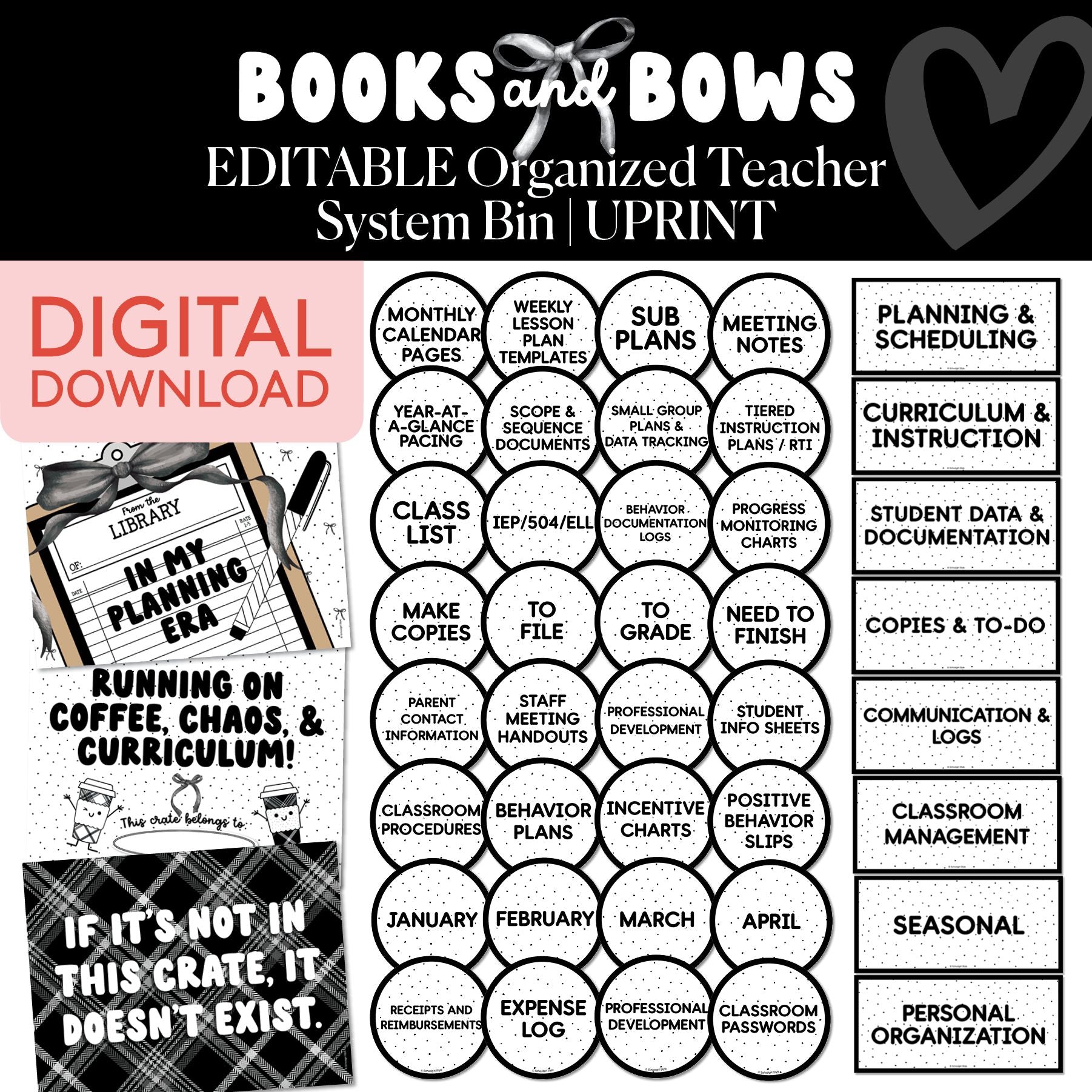 Printable Black and White Editable Organized Teacher System Bin | Books and Bows