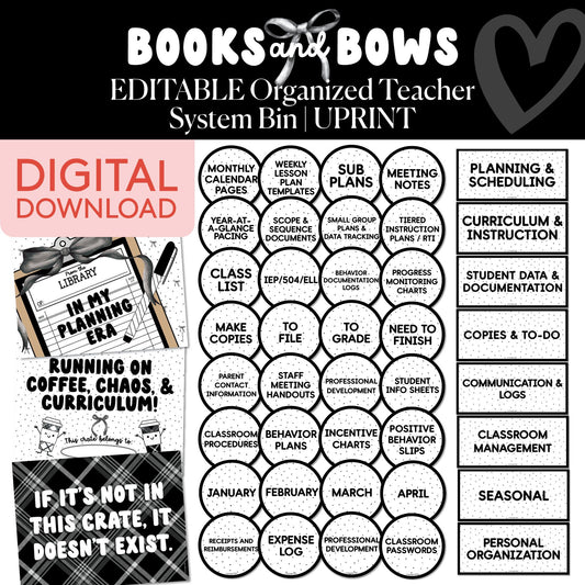 Printable Black and White Editable Organized Teacher System Bin | Books and Bows