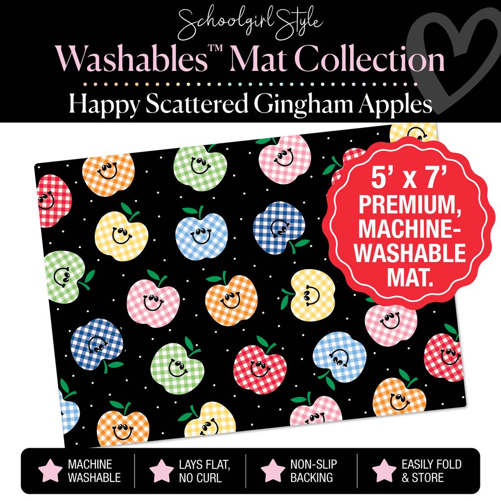 Scattered Happy Gingham Apples on Black Classroom Mat by Schoolgirl Style