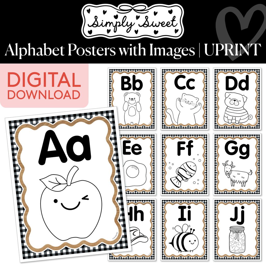 Printable Classic Black and White Alphabet Posters with Images | Simply Sweet
