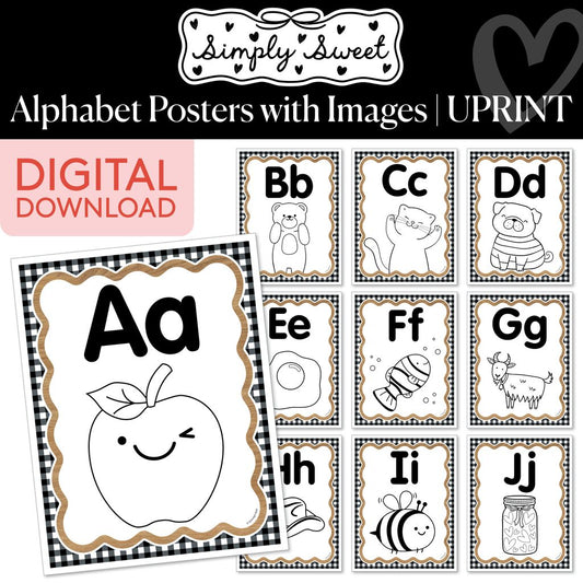 Printable Classic Black and White Alphabet Posters with Images | Simply Sweet