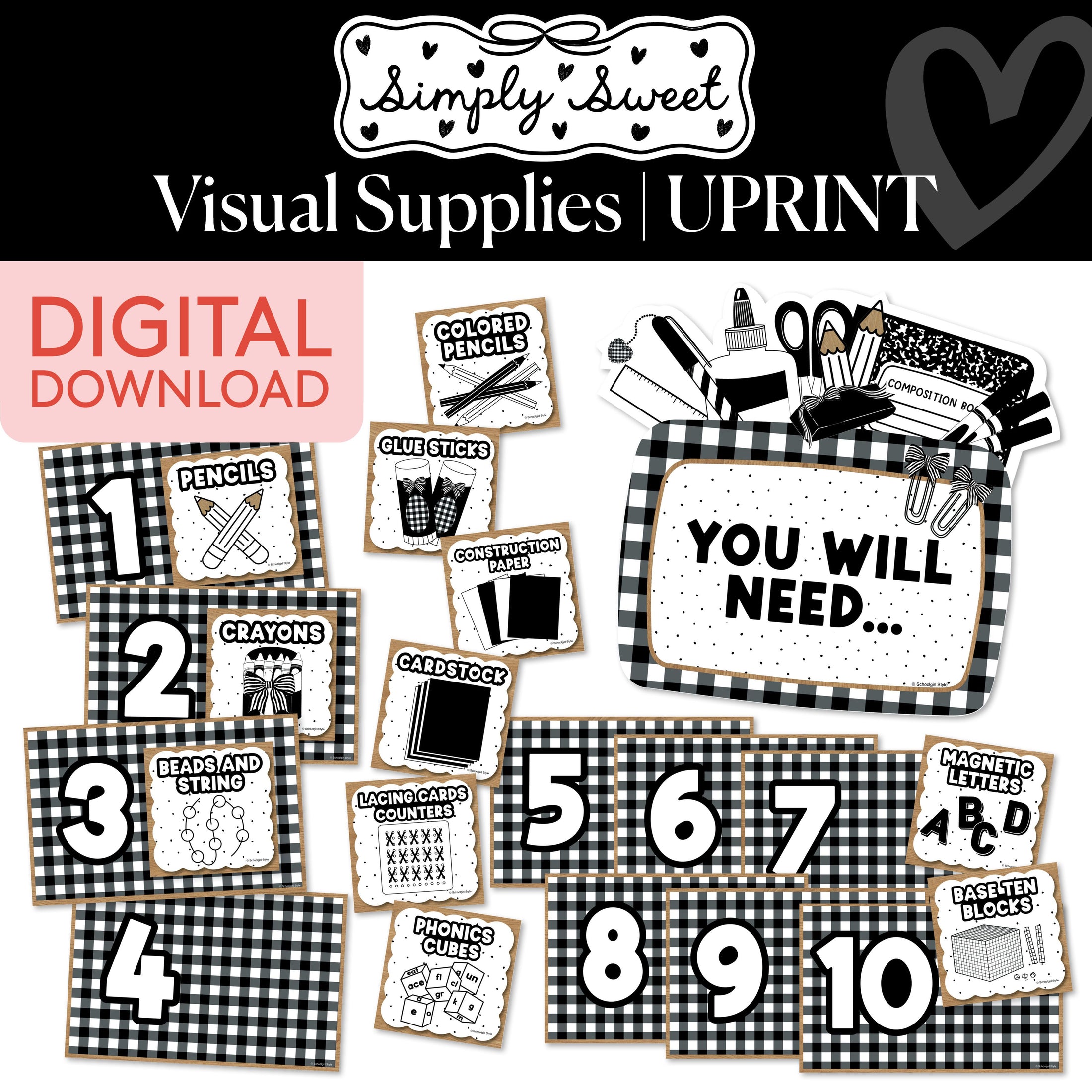 Printable Classic Black and White Visual Supplies | Simply Sweet
