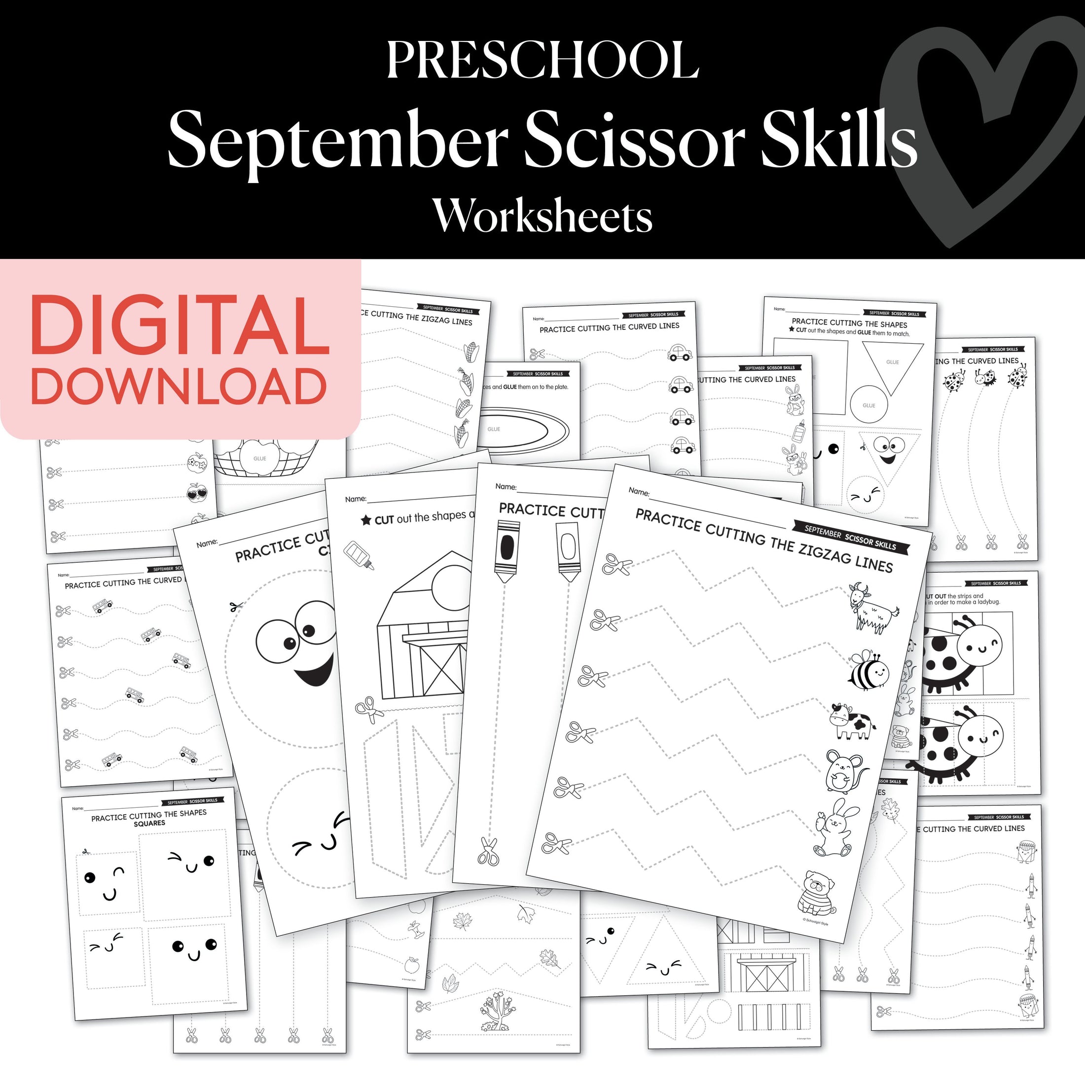Preschool September Scissor Skills Worksheets