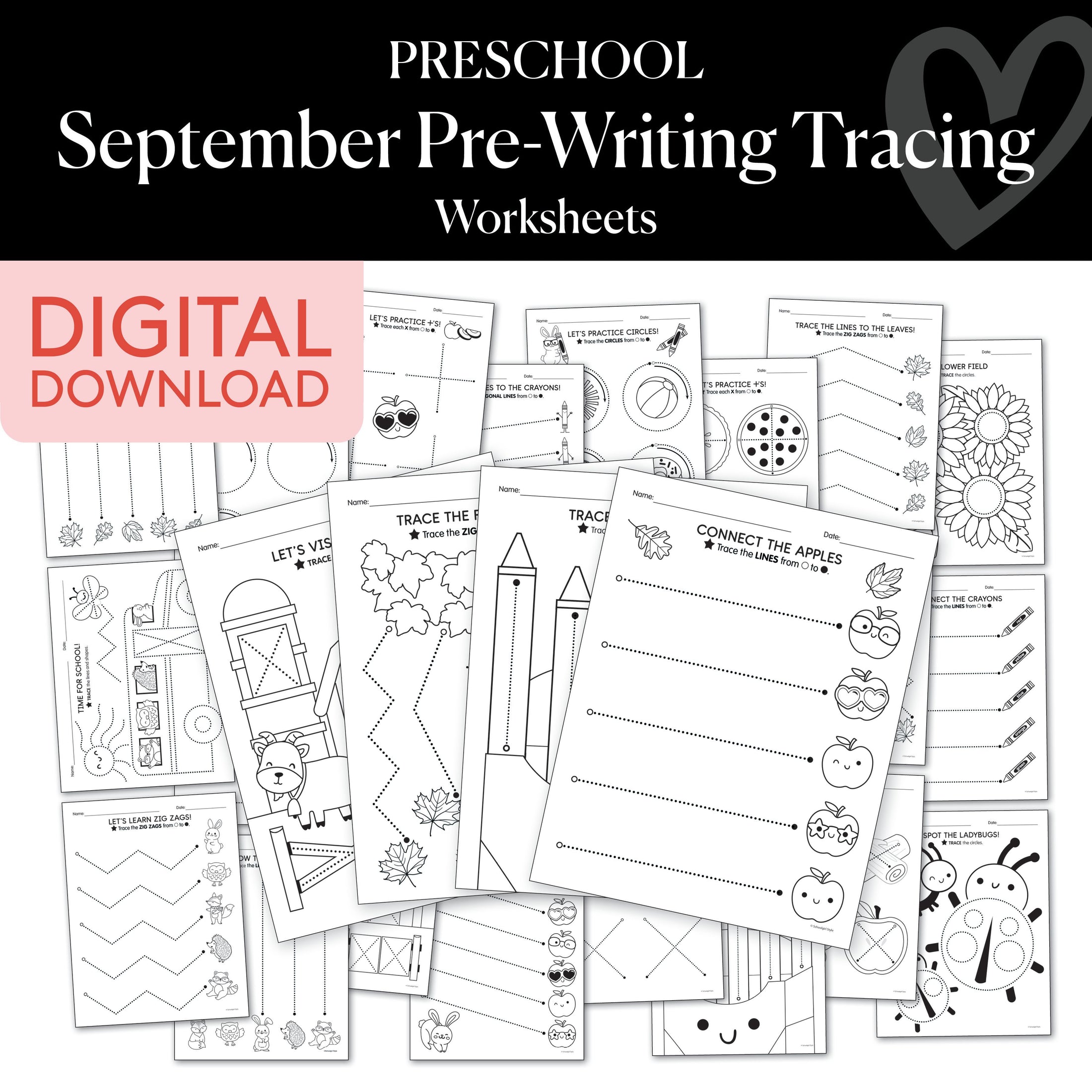 Preschool September Pre-Writing Tracing Worksheets