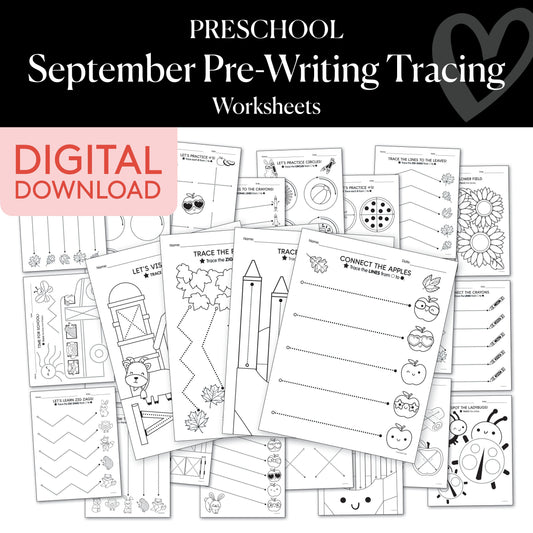 Preschool September Pre-Writing Tracing Worksheets